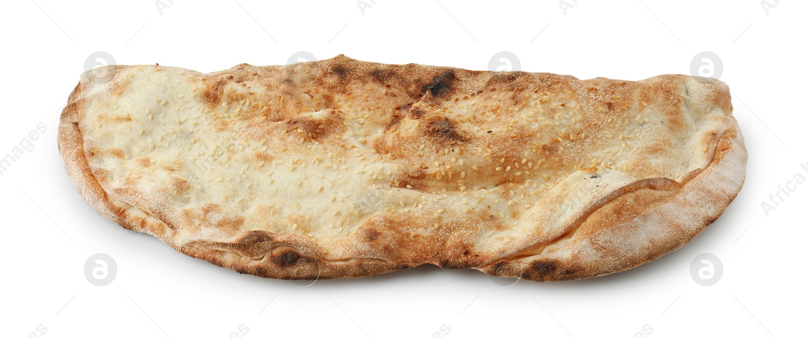 Photo of One delicious stuffed calzone isolated on white