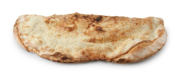 One delicious stuffed calzone isolated on white