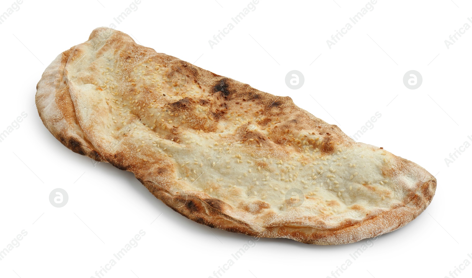 Photo of One delicious stuffed calzone isolated on white