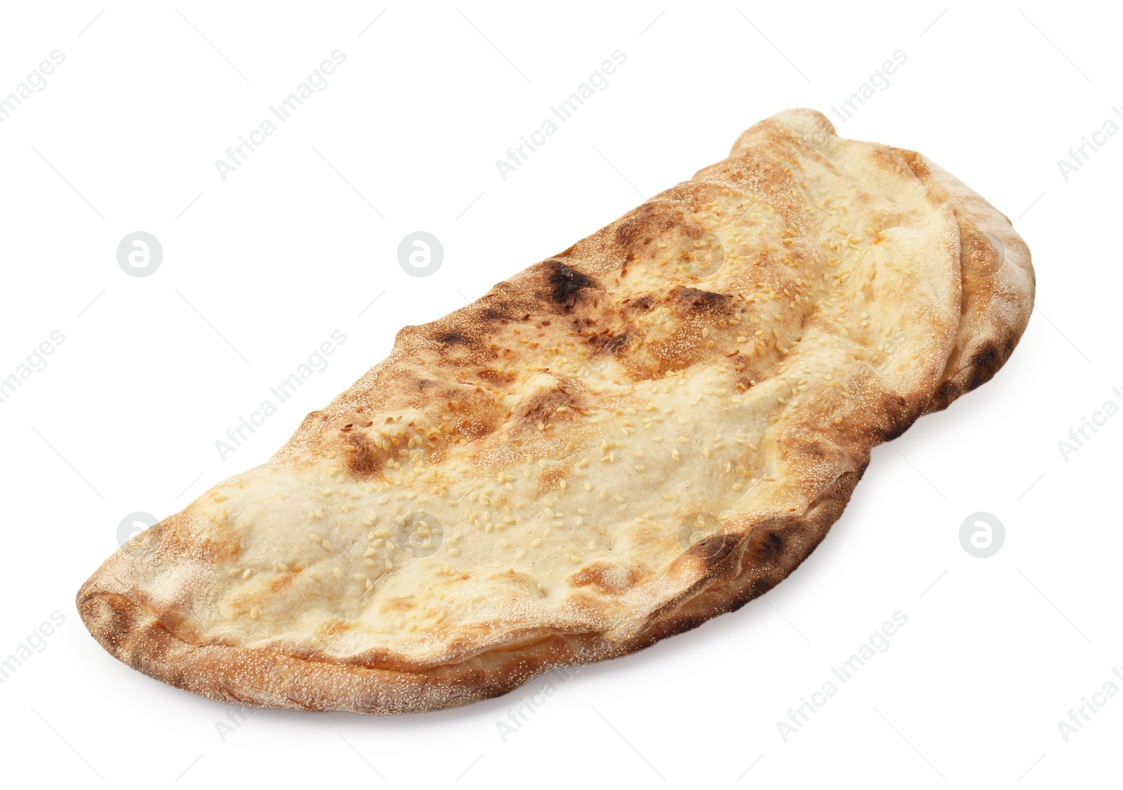 Photo of One delicious stuffed calzone isolated on white