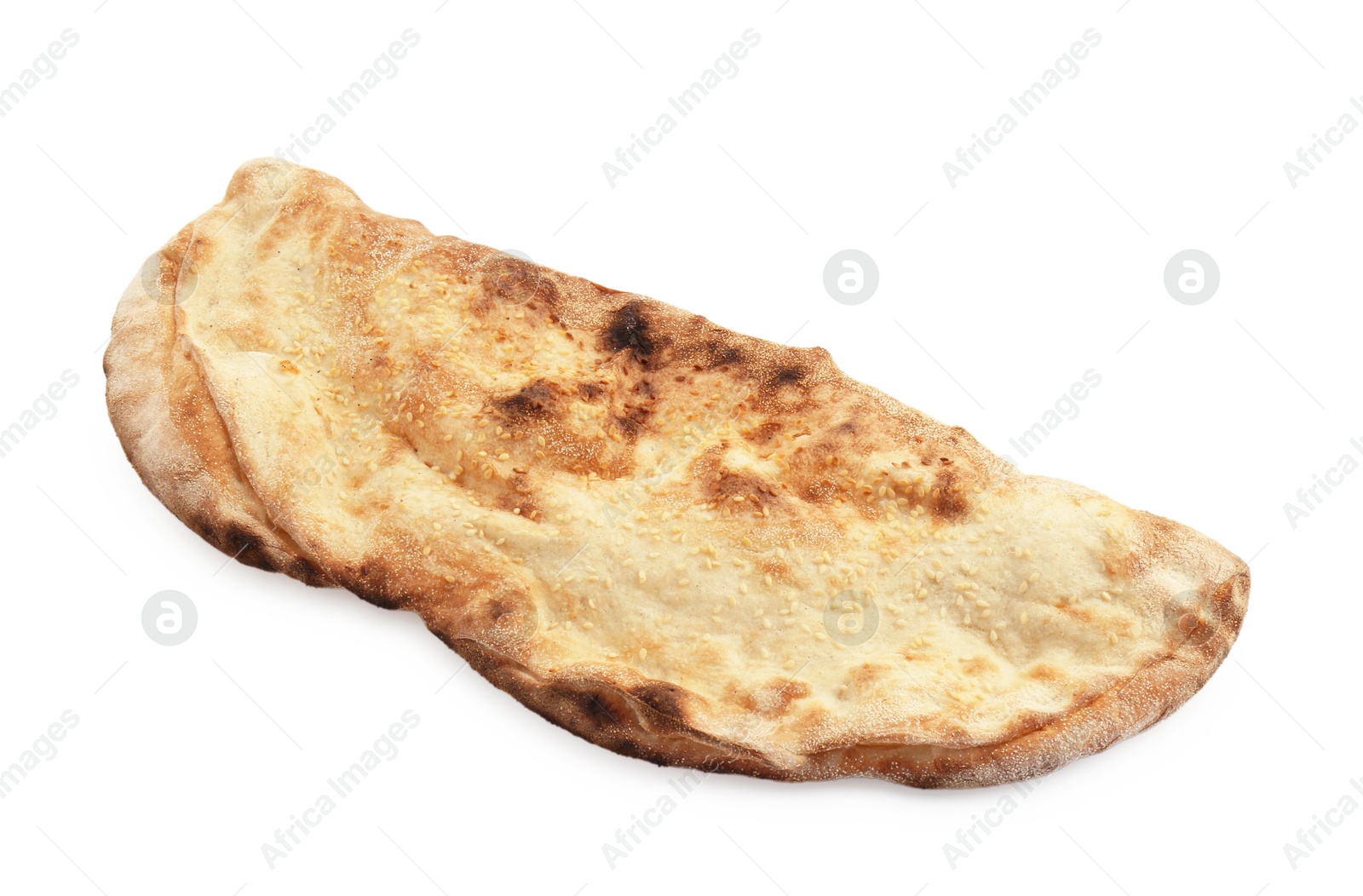 Photo of One delicious stuffed calzone isolated on white