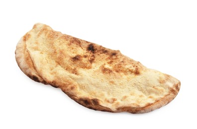 Photo of One delicious stuffed calzone isolated on white