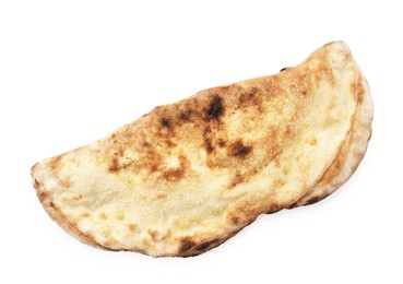 Photo of One delicious calzone isolated on white, top view