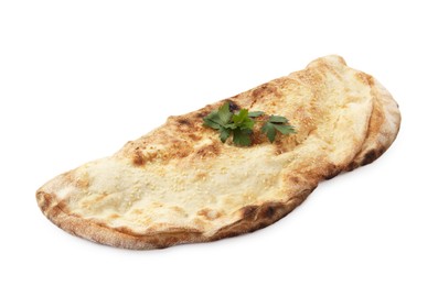 Delicious calzone with fresh parsley isolated on white