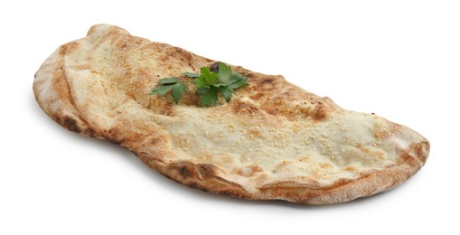 Photo of Delicious calzone with fresh parsley isolated on white