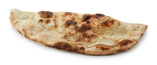 Photo of One delicious stuffed calzone isolated on white