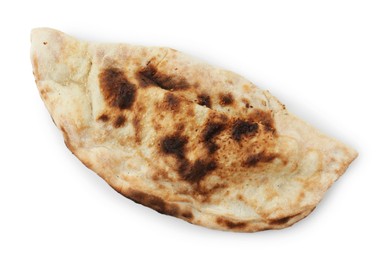 One delicious calzone isolated on white, top view