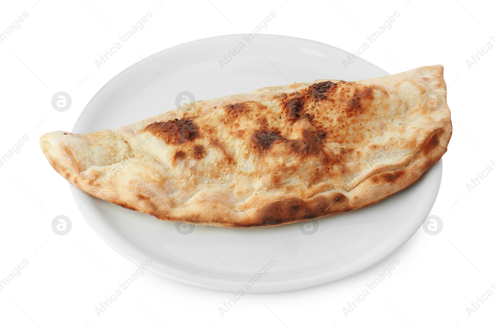 Photo of One delicious stuffed calzone isolated on white