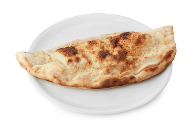 Photo of One delicious stuffed calzone isolated on white