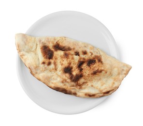 Photo of One delicious calzone isolated on white, top view