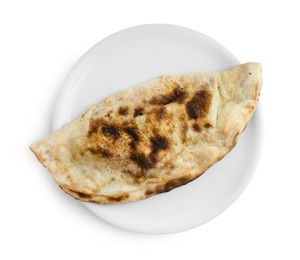 Photo of One delicious calzone isolated on white, top view