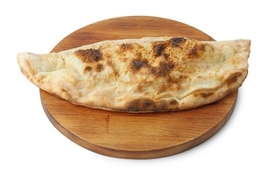 Photo of One delicious stuffed calzone isolated on white