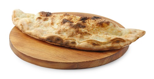 Photo of One delicious stuffed calzone isolated on white