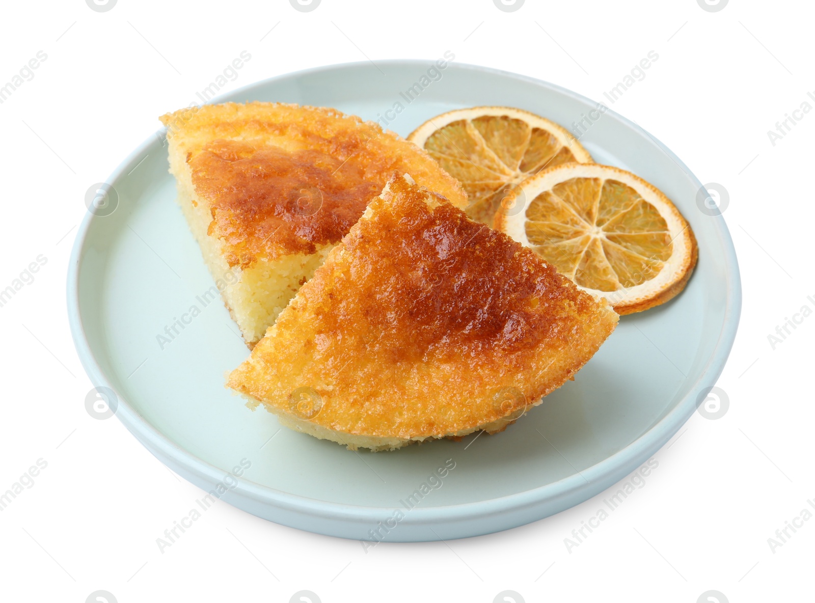 Photo of Tasty semolina cake and orange slices isolated on white