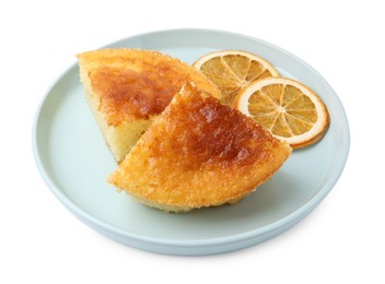 Photo of Tasty semolina cake and orange slices isolated on white