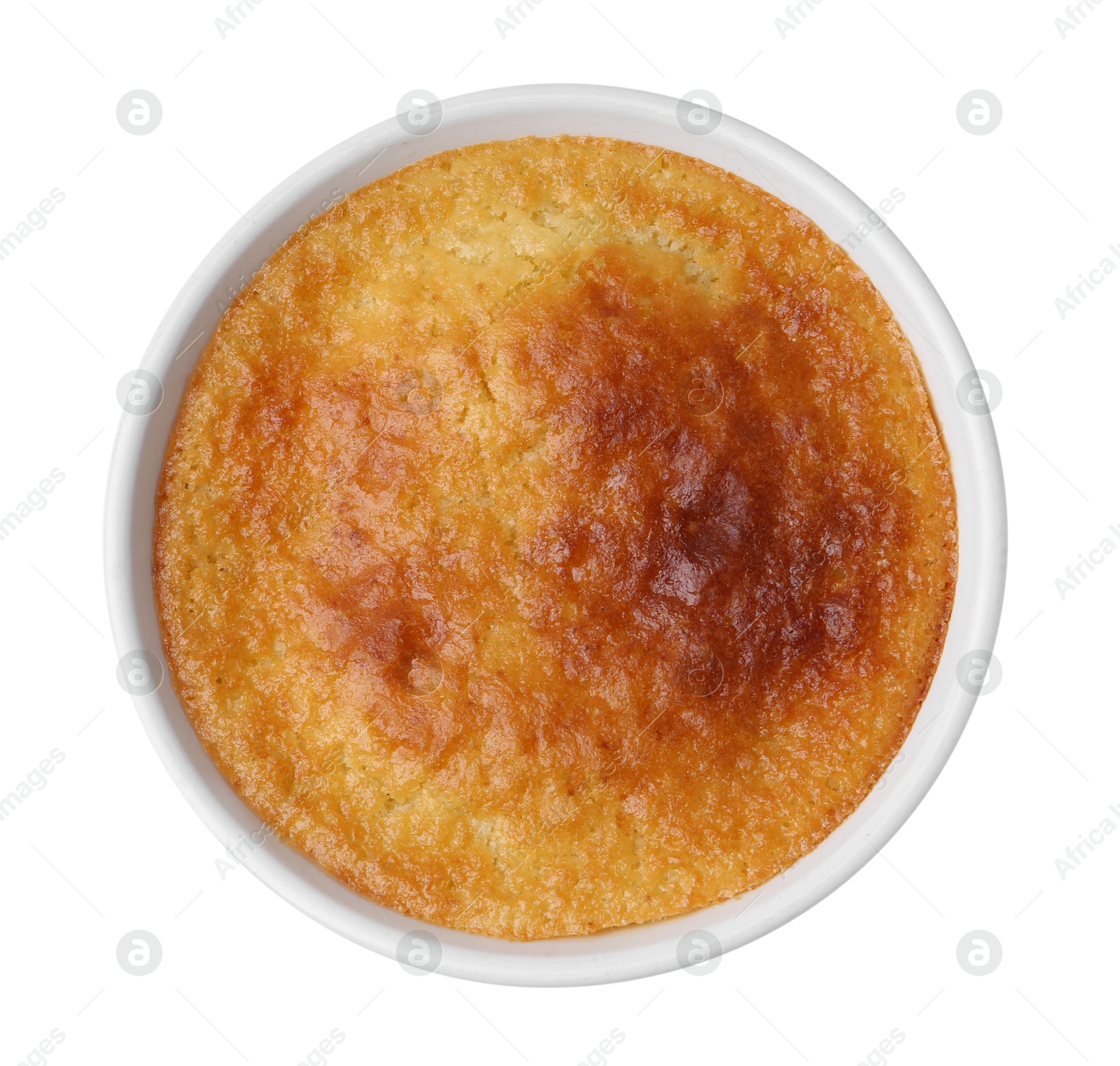 Photo of Tasty homemade semolina cake isolated on white, top view