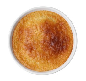 Photo of Tasty homemade semolina cake isolated on white, top view