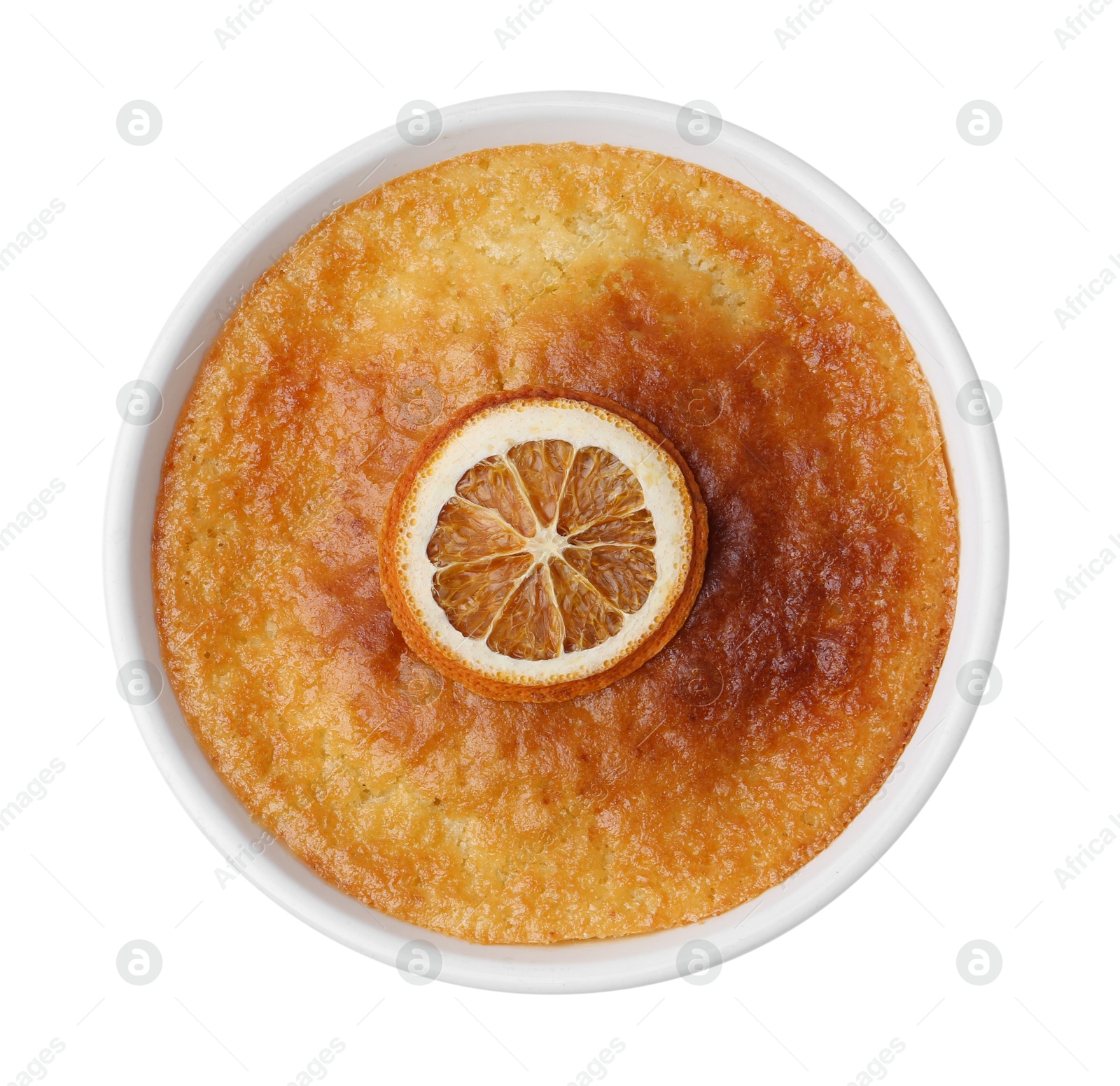 Photo of Tasty homemade semolina cake isolated on white, top view