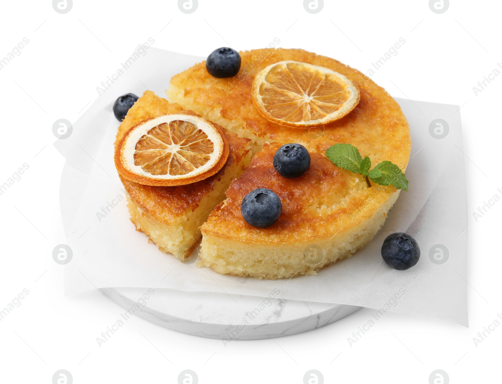 Photo of Tasty homemade semolina cake with blueberries isolated on white