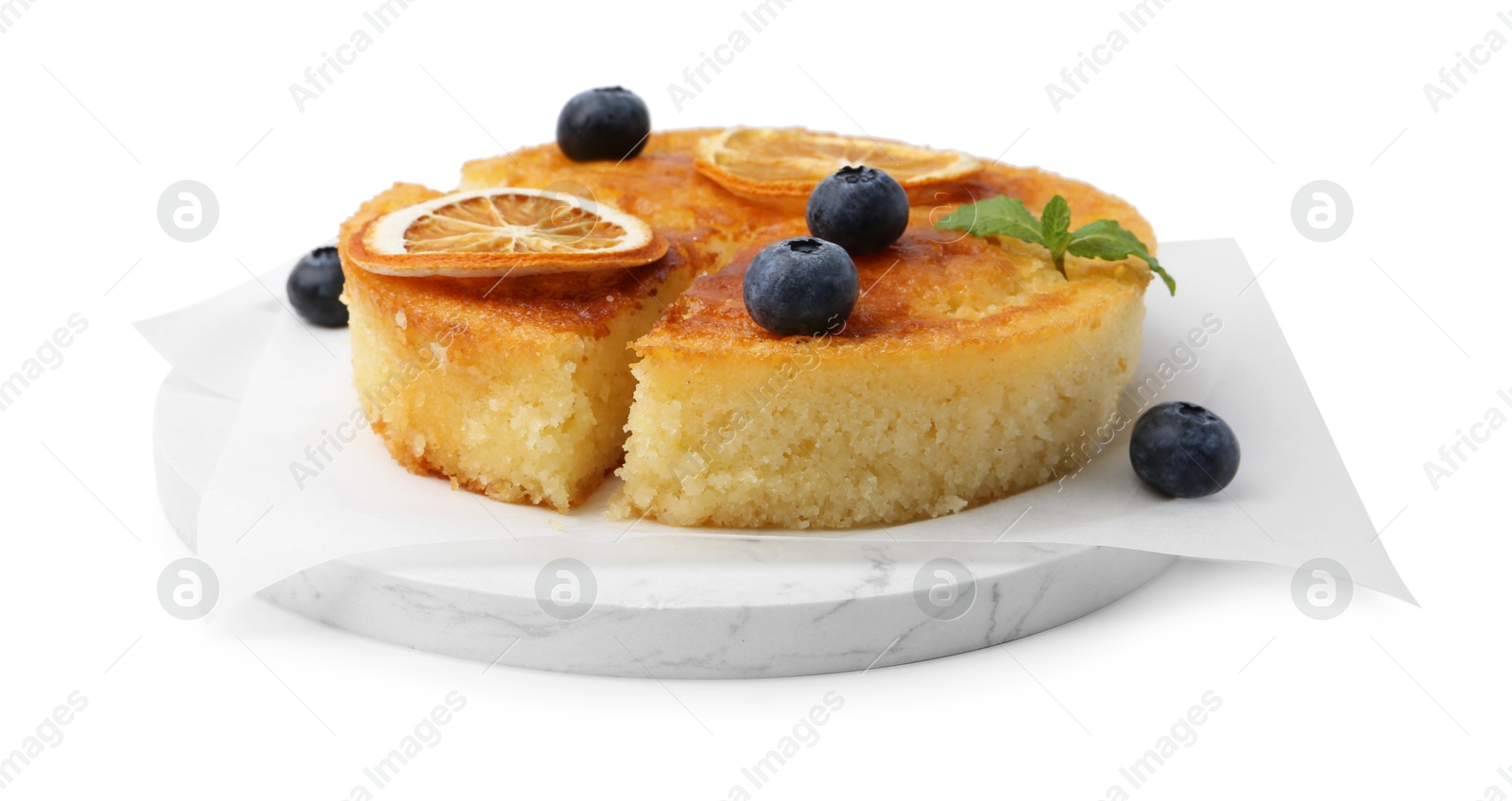 Photo of Tasty homemade semolina cake with blueberries isolated on white