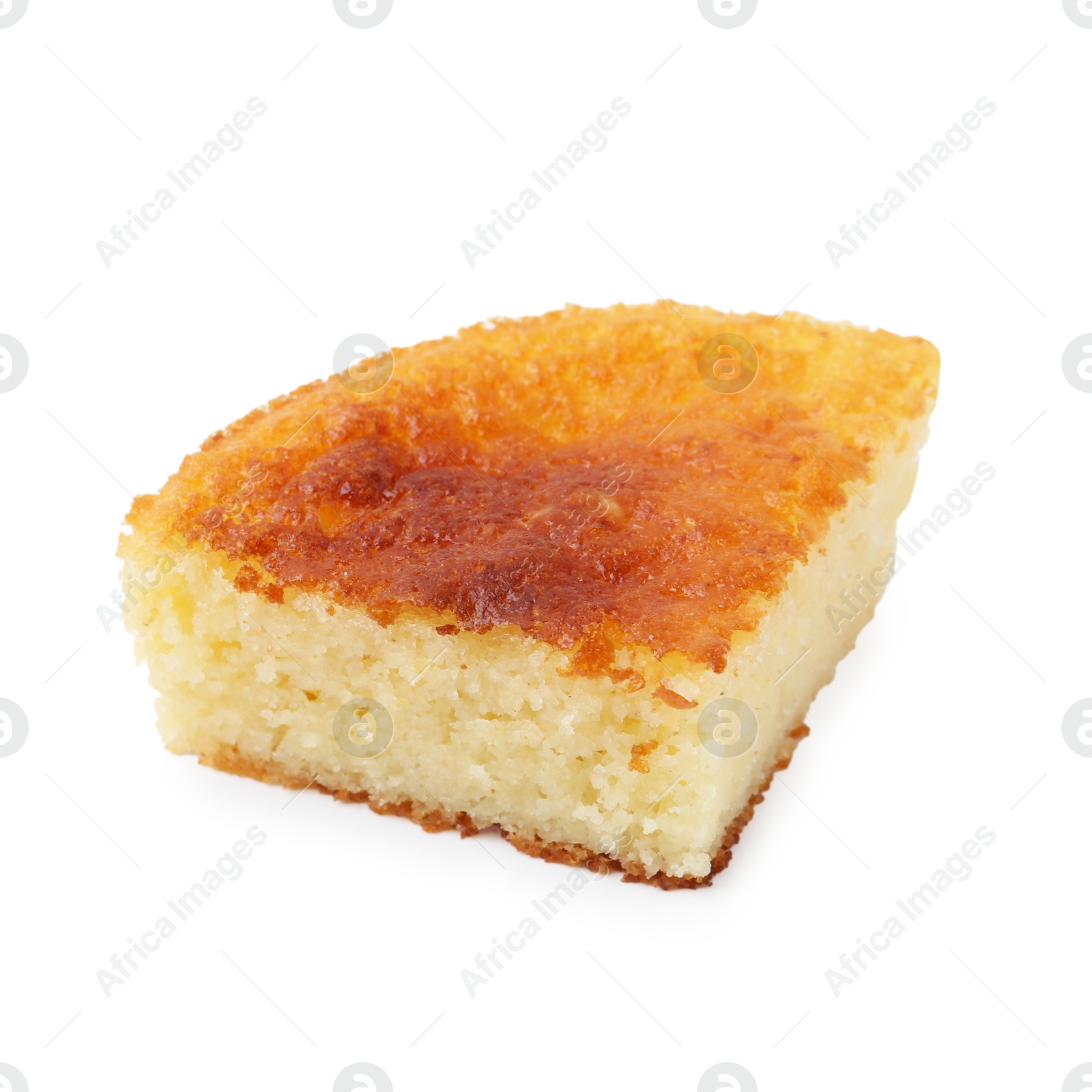 Photo of Slice of tasty homemade semolina cake isolated on white