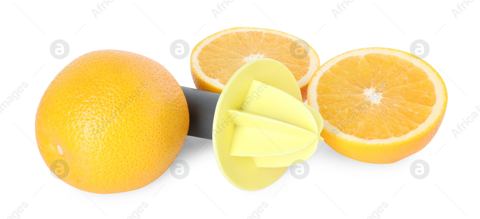 Photo of Plastic juicer and oranges isolated on white