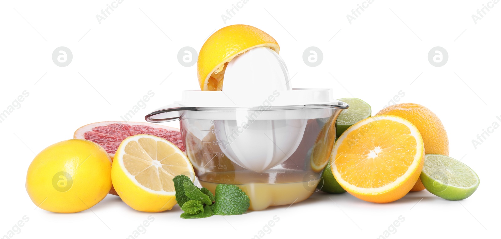 Photo of Plastic juicer, different citrus fruits and mint isolated on white