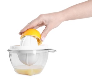 Photo of Woman with lemon using juicer on white background, closeup