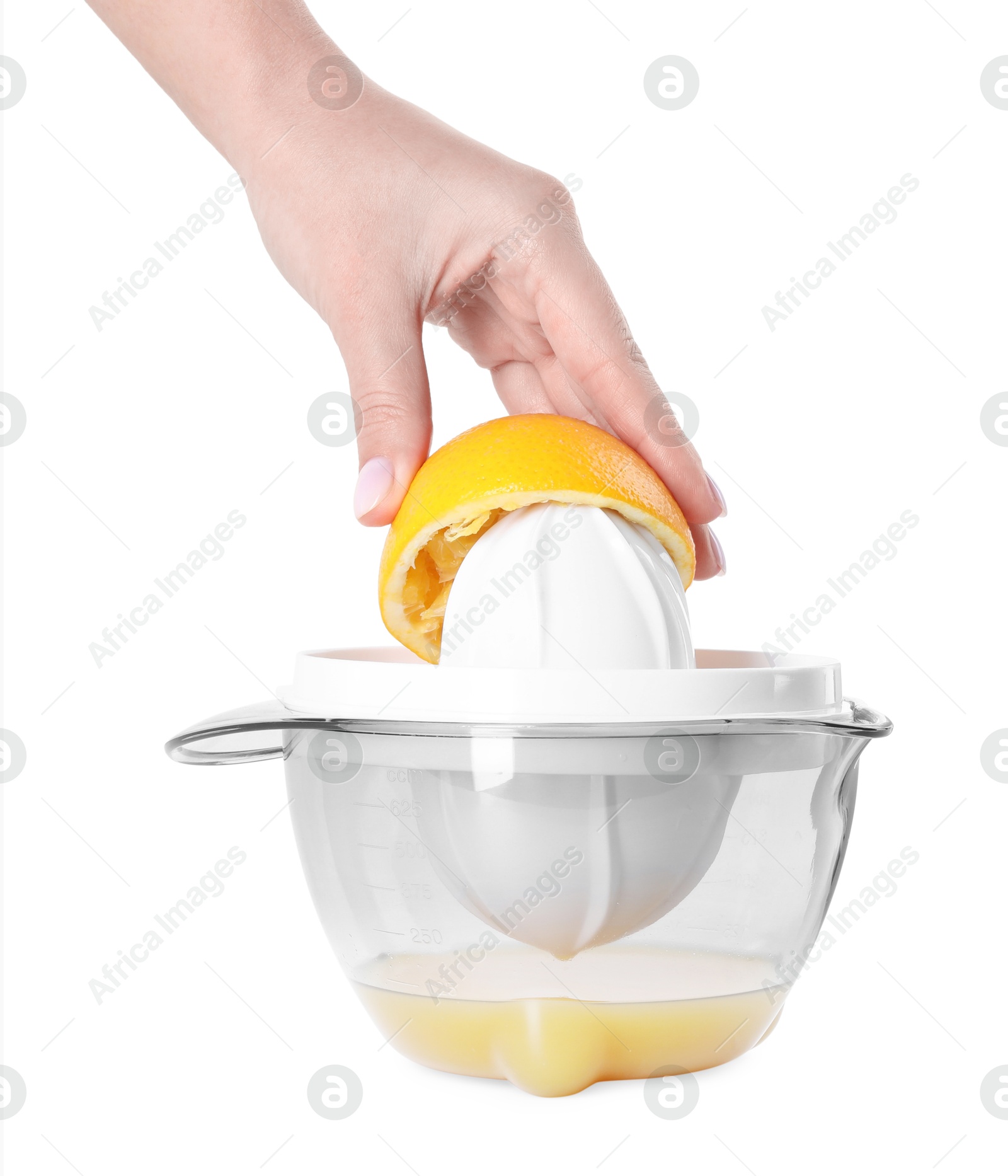 Photo of Woman with lemon using juicer on white background, closeup