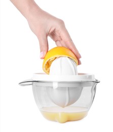 Photo of Woman with lemon using juicer on white background, closeup