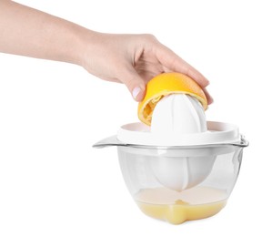 Photo of Woman with lemon using juicer on white background, closeup