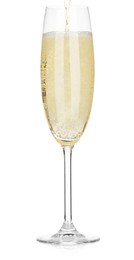 Photo of Pouring champagne into glass isolated on white