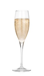 Photo of Champagne in glass isolated on white. Sparkling wine