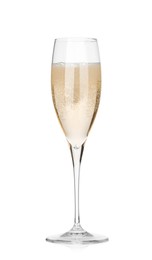 Photo of Pouring champagne into glass isolated on white