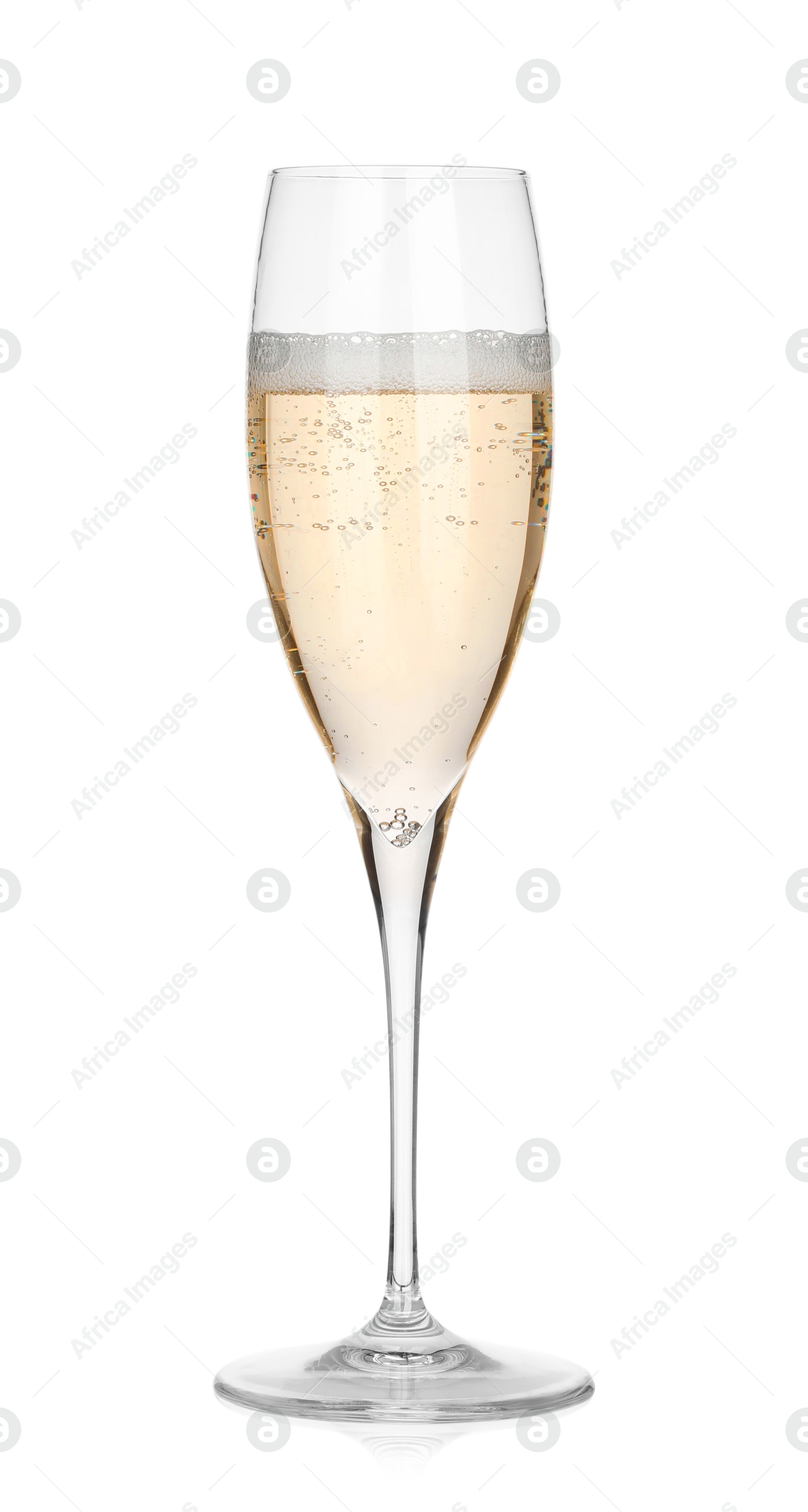 Photo of Champagne in glass isolated on white. Sparkling wine