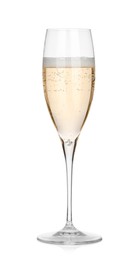 Photo of Champagne in glass isolated on white. Sparkling wine