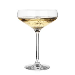 Photo of Pouring champagne into glass isolated on white