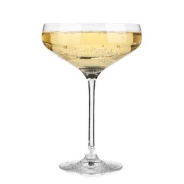 Photo of Champagne in glass isolated on white. Sparkling wine