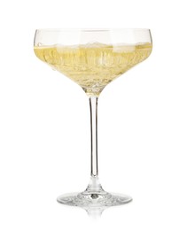 Photo of Pouring champagne into glass isolated on white