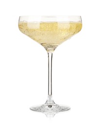 Photo of Champagne in glass isolated on white. Sparkling wine