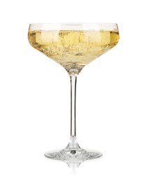 Photo of Pouring champagne into glass isolated on white