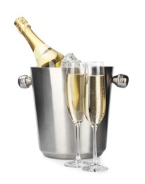 Photo of Champagne and bucket with ice isolated on white