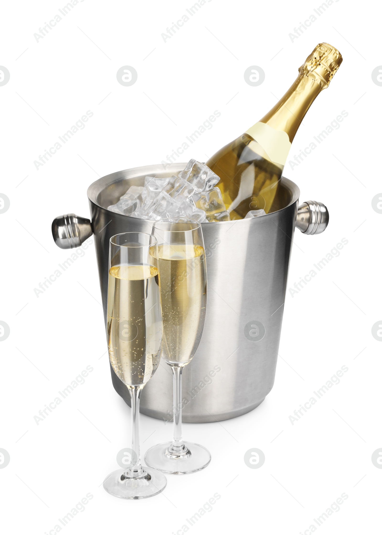 Photo of Champagne and bucket with ice isolated on white