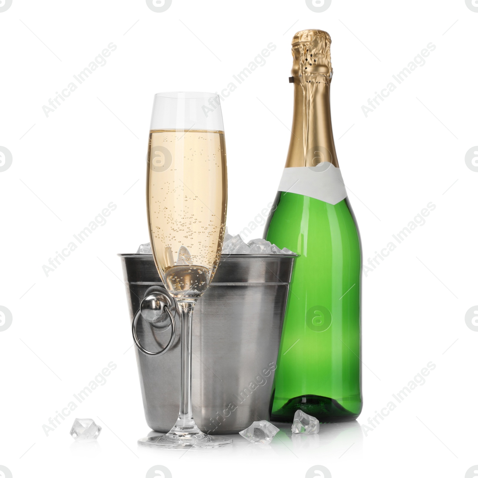 Photo of Champagne and bucket with ice isolated on white