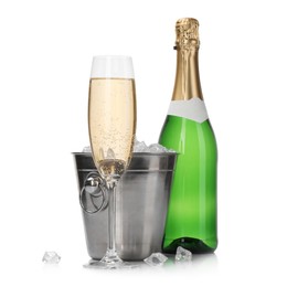 Photo of Champagne and bucket with ice isolated on white