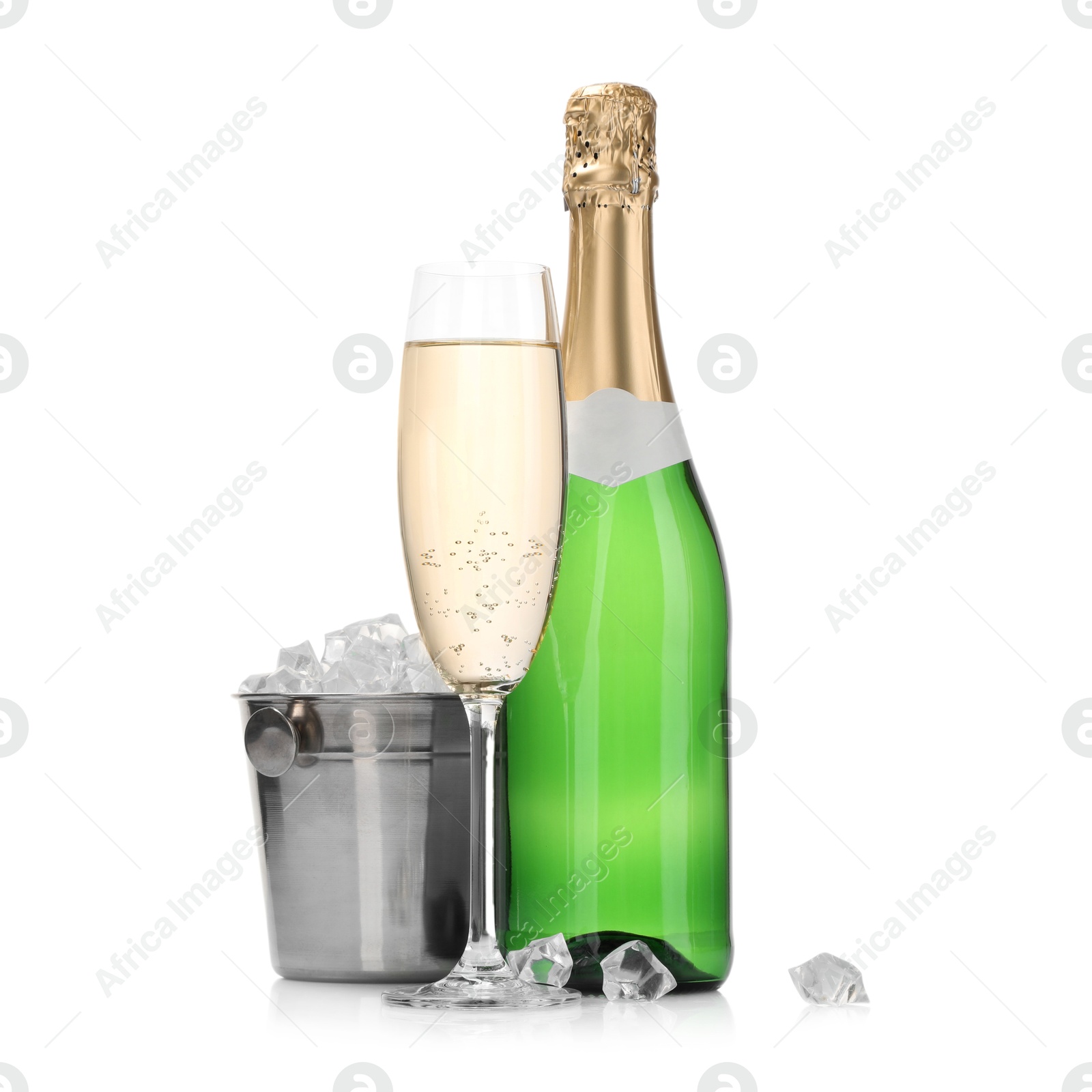 Photo of Champagne and bucket with ice isolated on white