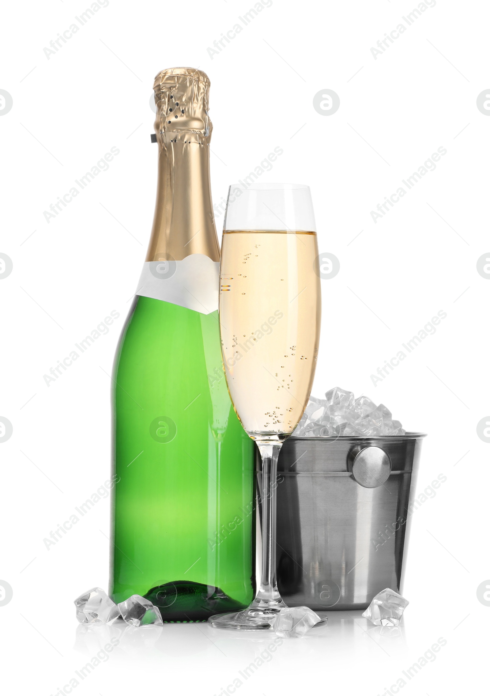 Photo of Champagne and bucket with ice isolated on white