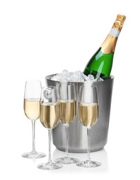 Photo of Champagne and bucket with ice isolated on white