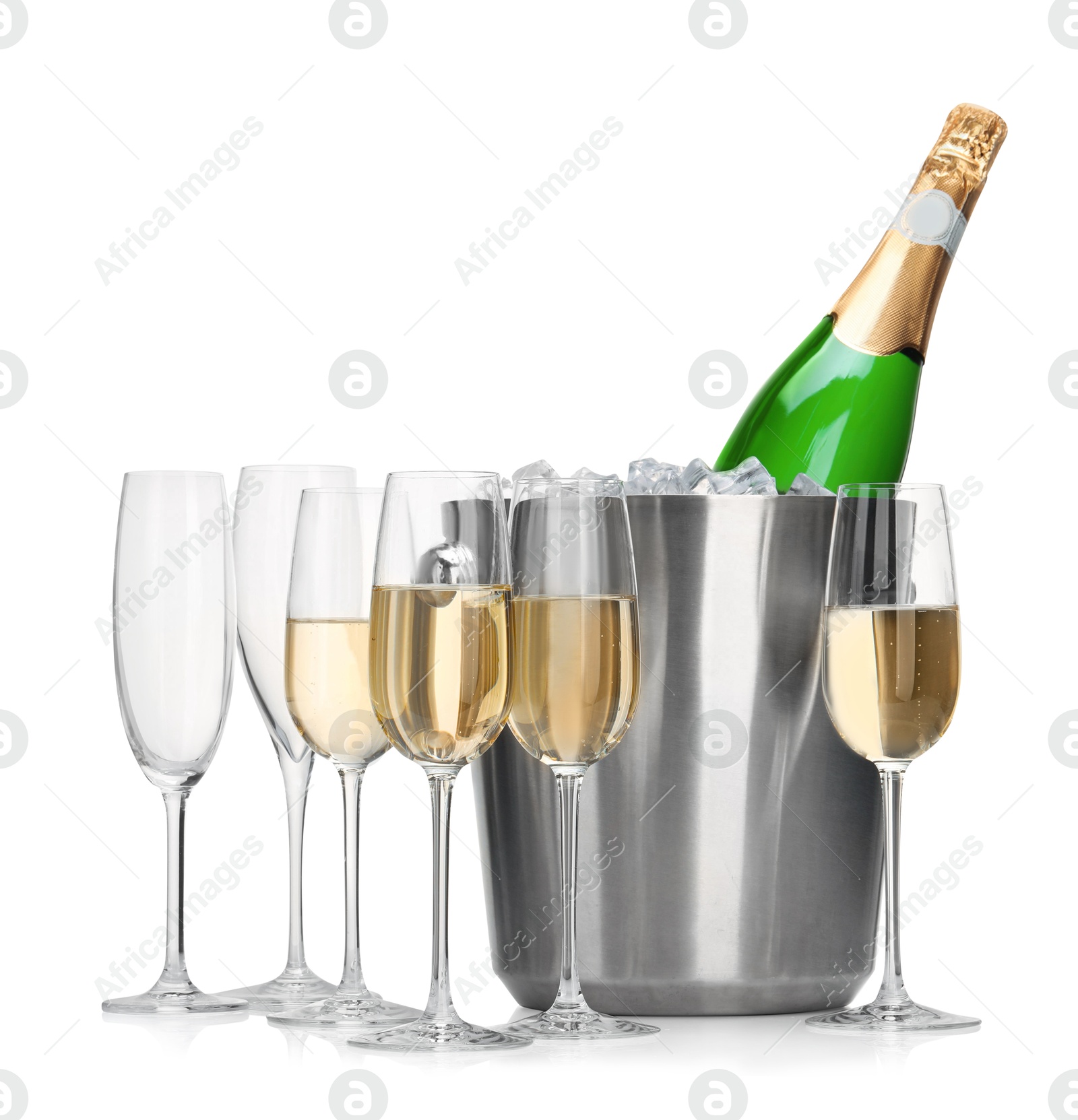 Photo of Champagne and bucket with ice isolated on white