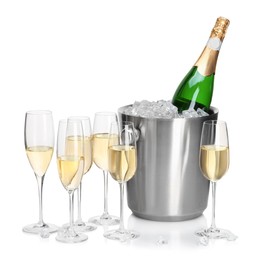 Photo of Champagne and bucket with ice isolated on white